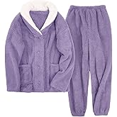 Jyanl Fluffy Pajamas Set for Women Fleece Pjs Sets Button Down Sleepwear Pullover Fuzzy Pants Winter Plush Loungewear