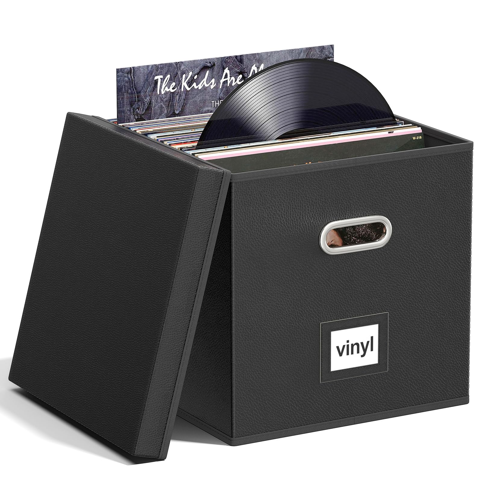 Aolawco Leather Vinyl Record Storage Box for 12 inch Records, Collapsible Records Crate, Folding LP Storage Boxes Holds up to 90 Records, Records Organizer for Albums, CDs, Passports, Magzine, Files