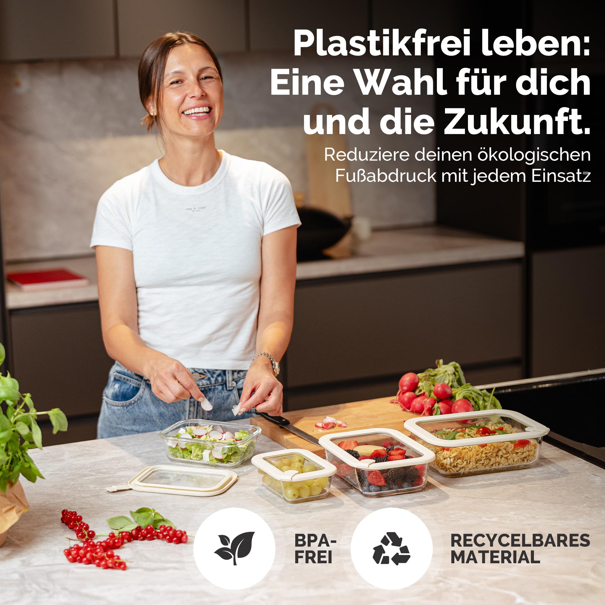 Dalena Home Frischhaltedosen Set 1x370ml, 1x640ml, 1x1020ml, 1x1520ml – Borosilikatglas, Glasbehälter luftdicht & mikrowellengeeignet, Meal Prep, Kühlschrank Organizer, Aufbewahrung Küche 4