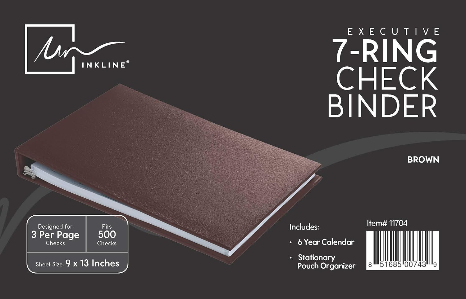 Executive 7 Ring Check Binder, 500 Check Capacity, for 9x13 Inch Sheets, with 6 Year Calendar Organizer, Sleek Business Design, Premium Quality - Brown Color (11704) : Office Products