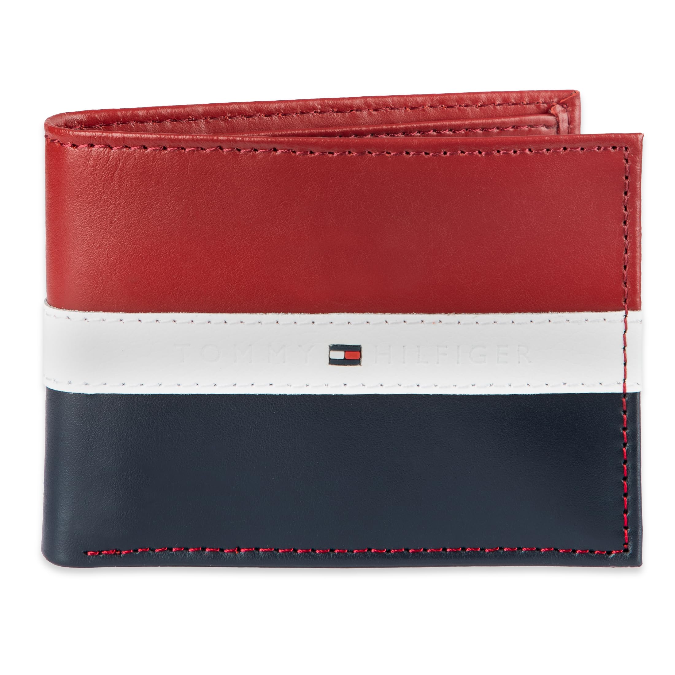 Tommy Hilfiger Men's Leather Americana Stripe Bifold Wallet, Red, White, and Blue, One Size
