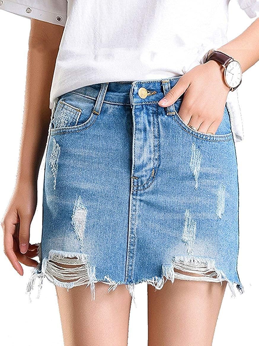 Ruphie Women's High Waist Distressed Ripped Denim Skirts Short Jean