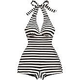 Verdusa Women's Striped Knit Halter Romper Sleeveless Backless One Piece Summer Vacation Outfits
