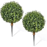 24 inch Artificial Boxwood Topiary with Ground Spikes, Set of 2 UV Resistant Faux Boxwood Ball Trees for Outdoors, Fake Evergreen Shrubs Bushes Plants for Garden Patio Yard Fence Decoration