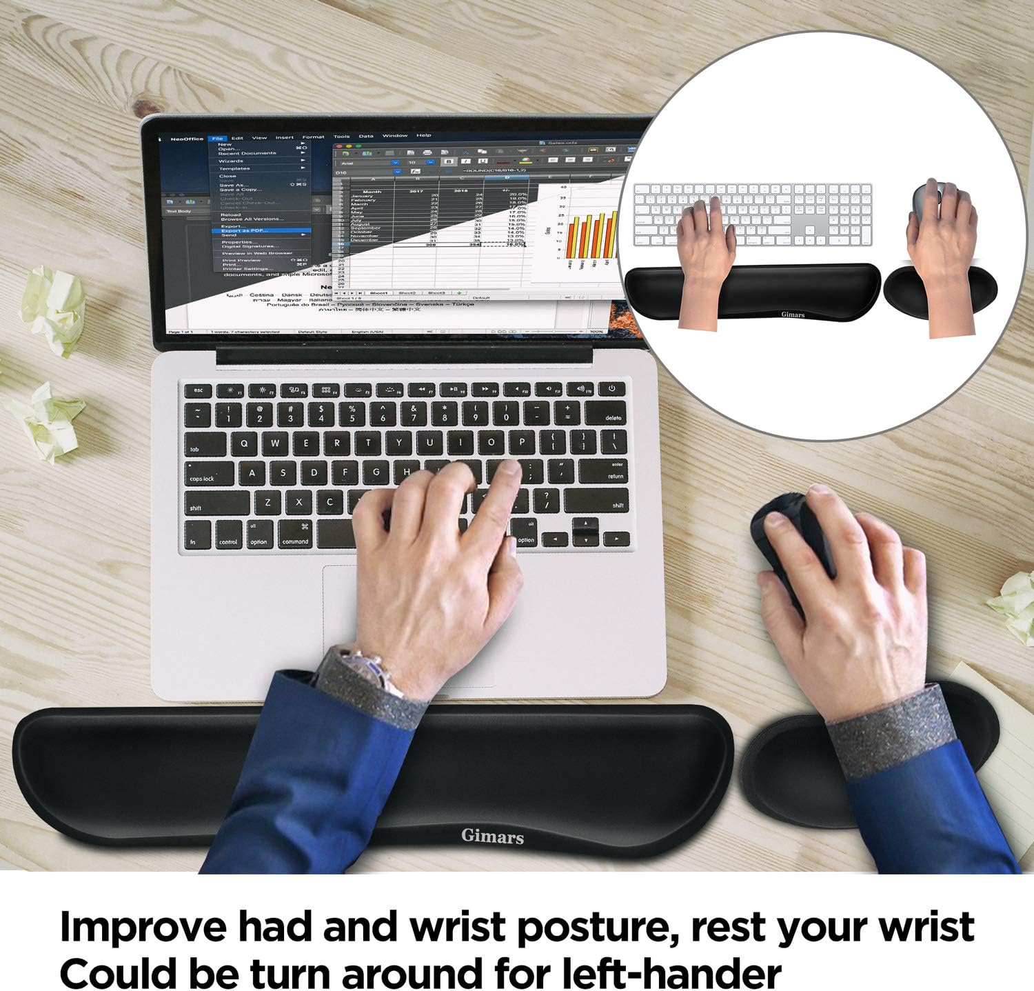 Gimars Upgrade Enlarge Gel Memory Foam Set Keyboard Wrist Rest Pad, Mouse Wrist Cushion Support for Office, Computer, Laptop, Mac, Comfortable, Lightweight for Easy Typing Pain Relief, Black : Office Products