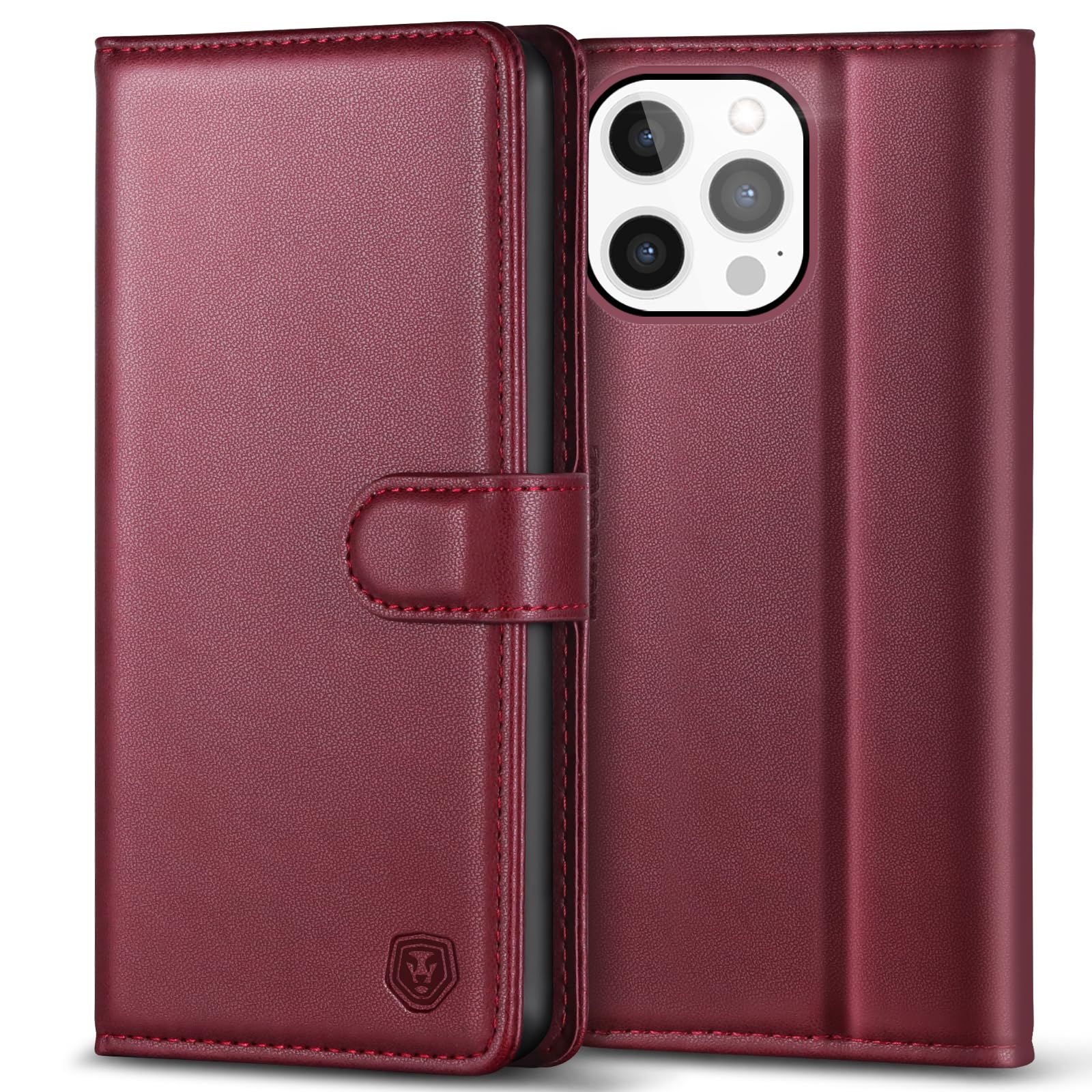 Kuafcase Compatible for iPhone 13 Pro Case with 4 Card Slots Magnetic Closure Kickstand Shockproof Protective Phone Case Compatible for iPhone 13 Pro - Wine Red — image 1