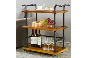 DOFURNILIM Industrial Pipe Bar Carts/Serving Carts/Kitchen Carts/Wine Rack Carts on Wheels with Shelves - Wood Rolling Carts - Wine Tea Liquor Shelves/Holder - Home Furniture