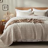 LEAONME Cotton Quilt Set California King, Beige Extra Wide Coverlet Bedspread, 3 Piece Lightweight Bedding Set with 2 Shams, 118x106 in