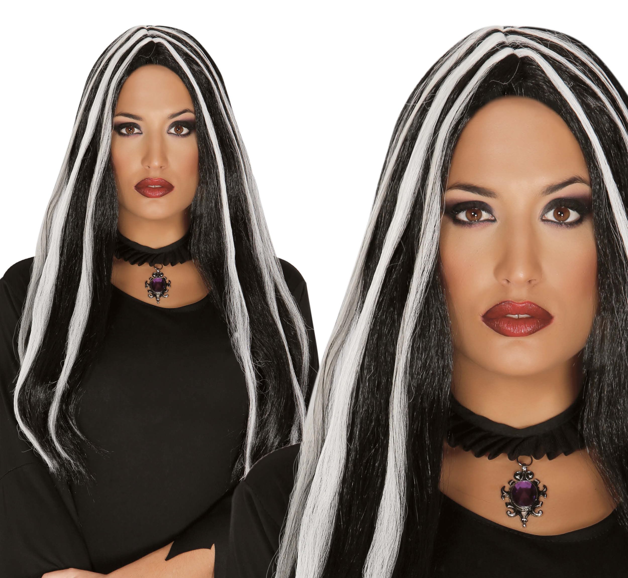 GUIRCA Fiestas GUI4172 Long Black Wig with White Stripes
