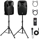 PRORECK Party 12 12-Inch 1000W 2-Way Powered PA Speaker System Combo Set with Bluetooth/USB Drive/SD Card/FM/Remote Control/Speaker Stands for Indoor, Outdoor DJ Parties, Personal Gatherings, Karaoke