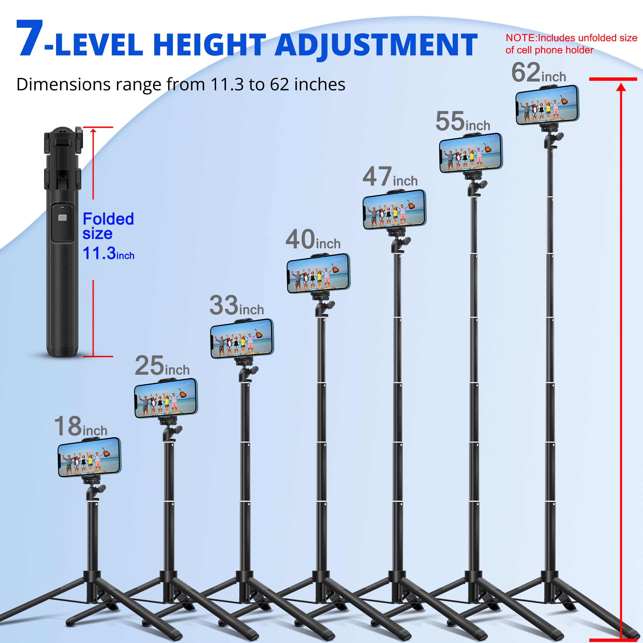 bluehorn Extendable 62 inches Aluminum Alloy Selfie Stick Phone Tripod Stand New Model with Wireless Remote Shutter Compatible with All Cell Phones/Live Stream/Vlog/iPhone 16/15/14/13/Android