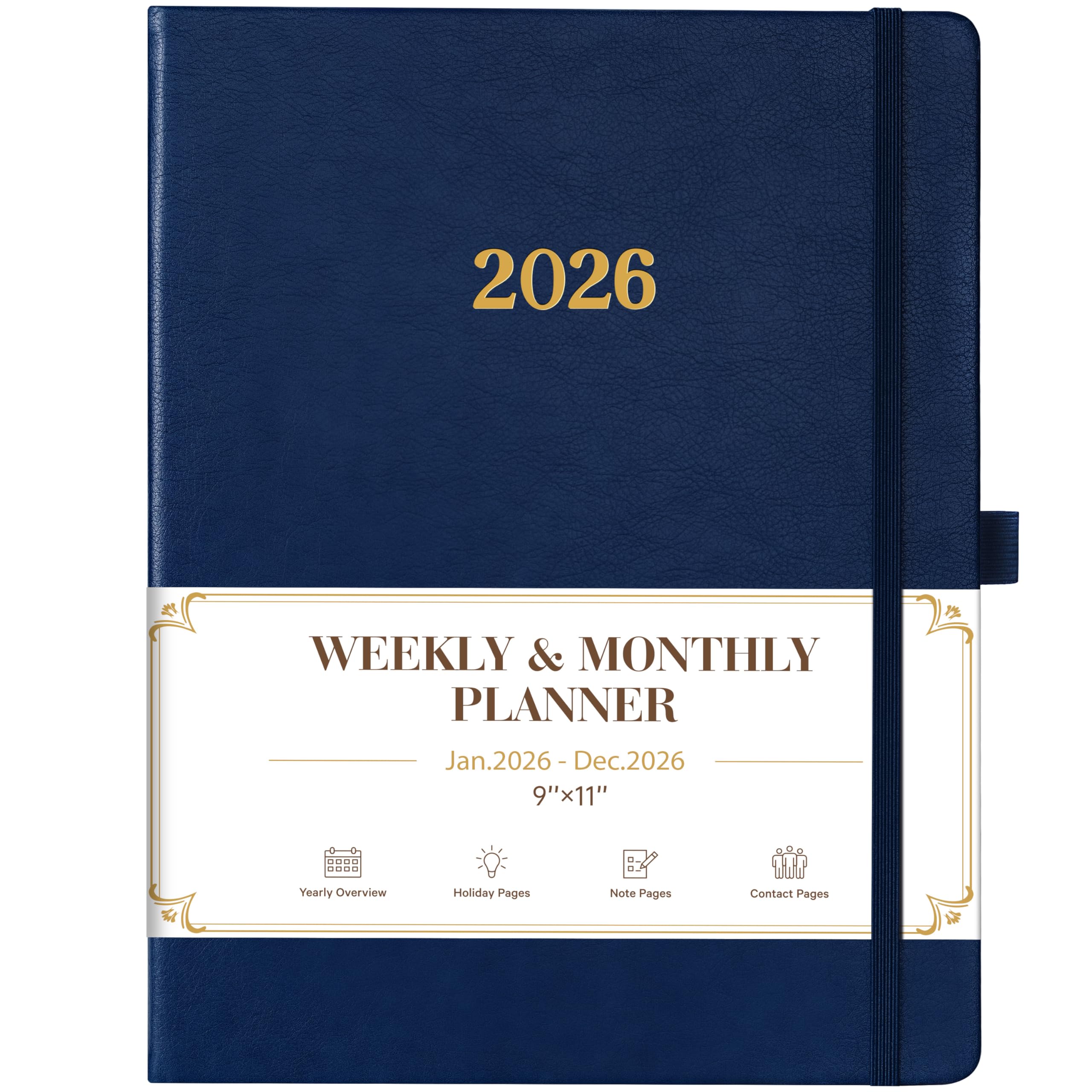 Photo 1 of ***MINOR DAMAGE*** 2026 Planner - Planner 2026, Leather Calendar Weekly and Monthly, 9"x11", Jan 2026 - Dec 2026, Leather Hardcover, Pen Loop, Elastic Closure, Pocket - Navy