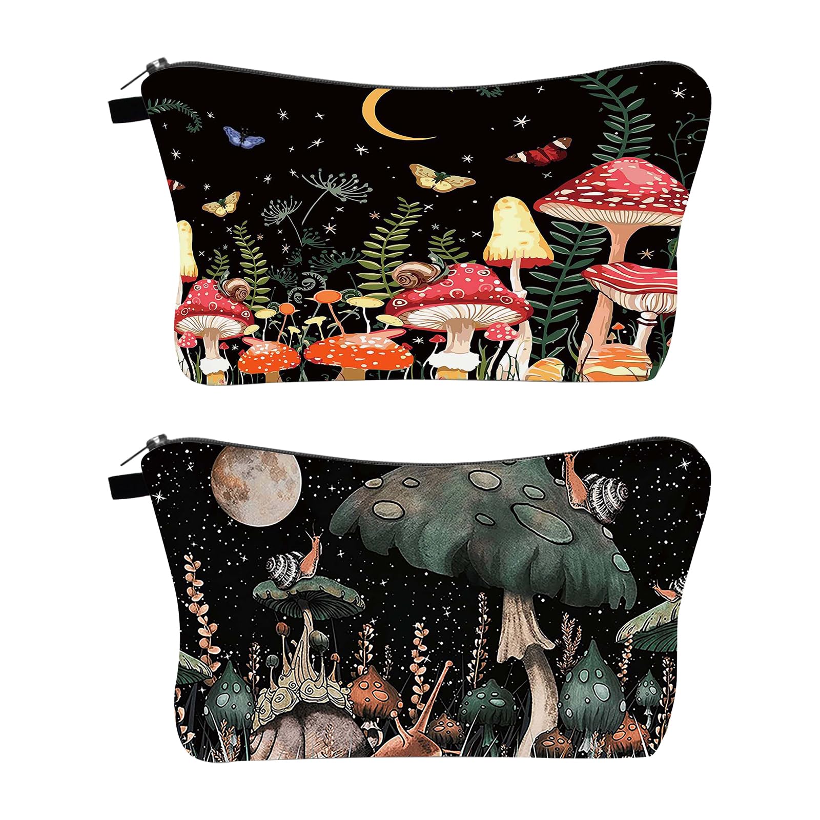 2 PCS Canvas Cosmetic Bag,Mushroom Printing Handbag Small Pouch with Zipper Storage Beauty Makeup Travel Accessory for Women Girls Gift