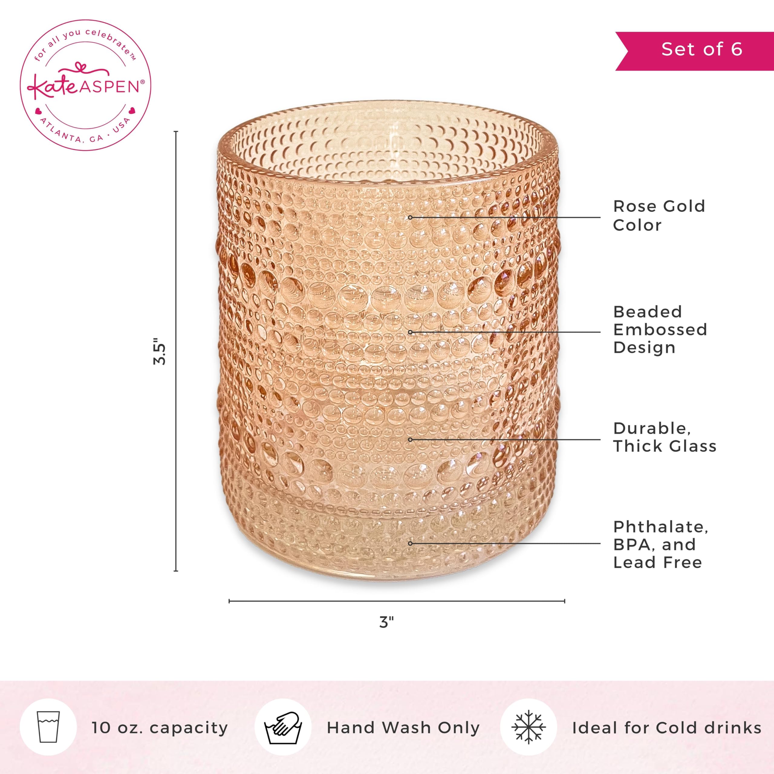 Kate Aspen Rose Gold Cups Pink Hobnail Beaded Drinking Glasses Set of 6-10 oz Vintage Glassware Set Cocktail Glass Set, Juice Glass, Water Cups | Makes A Great Hostess Gift, Gift for New Home Owners