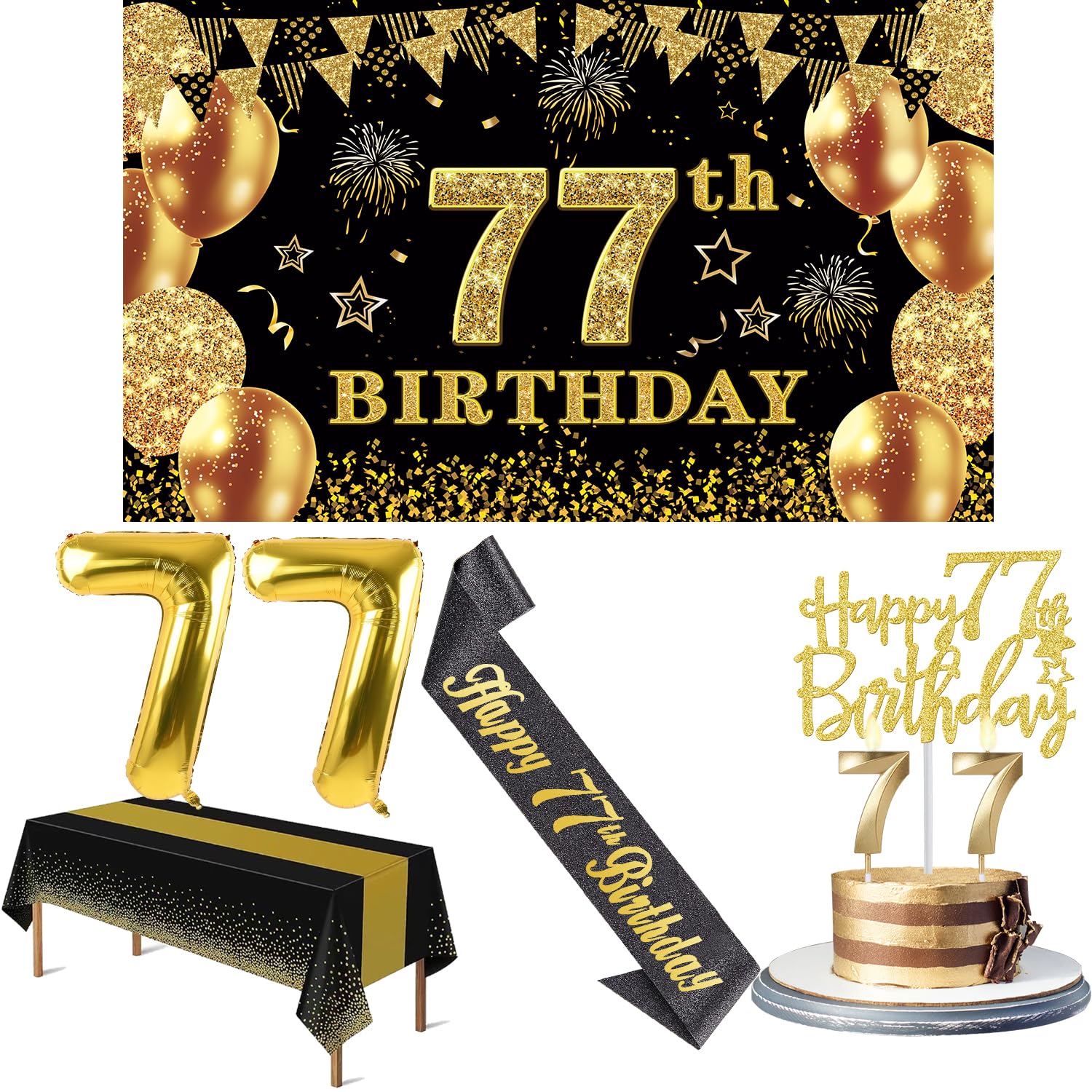 Photo 1 of 77th Birthday Decorations Men Women with 77th Birthday Banner, Black and Gold Table Cloth, Number Balloons, Sash, Cake Topper and Candles