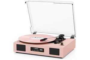 DANFI AUDIO DF Vinyl Record Player Vintage Wireless Bluetooth Record Player with Enhanced Speakers, USB Recording, LP Player with 3-Speed Belt Drive Turntable Support RCA Line-Out AUX Input EQ,Pink