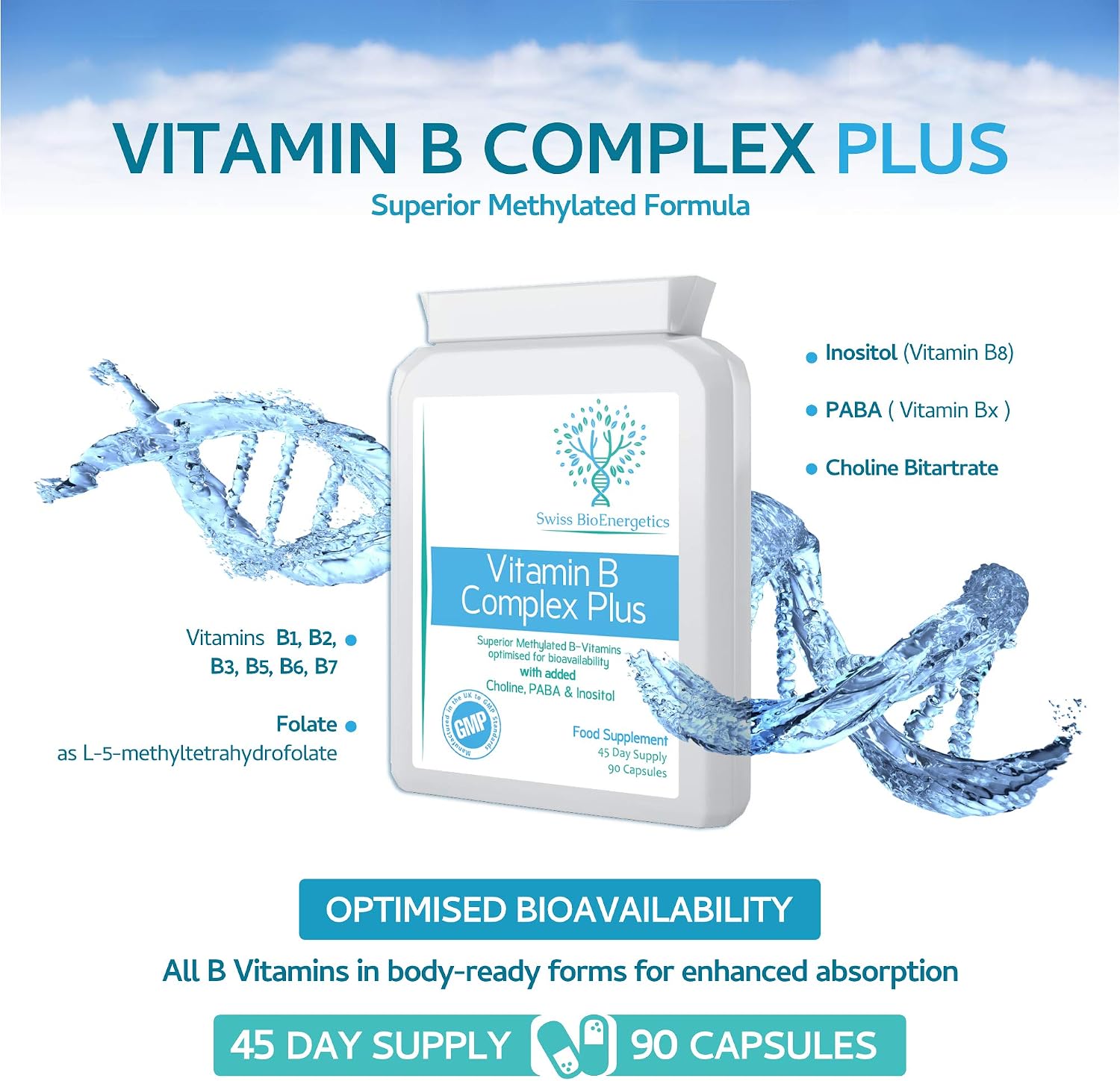 Vitamin B Complex Plus, 90 Capsules, Superior Methylated Formula with Added Choline, PABA & Inositol - Image 4
