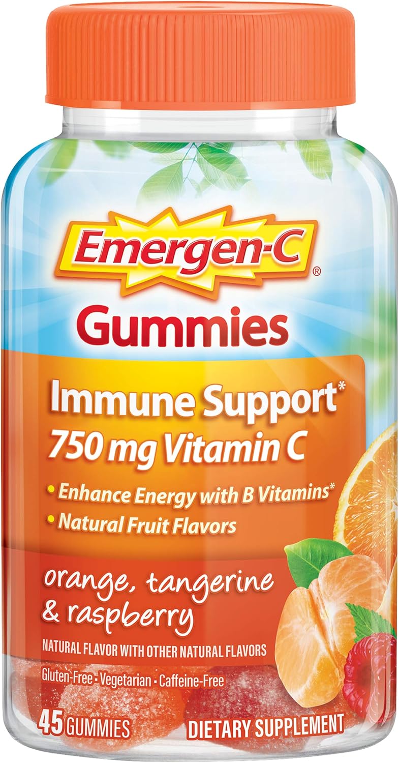 Emergen-C 750mg Vitamin C Gummies for Adults, Immunity Gummies with B Vitamins, Gluten Free, Orange, Tangerine and Raspberry Flavors - 45 Count: Health & Personal Care