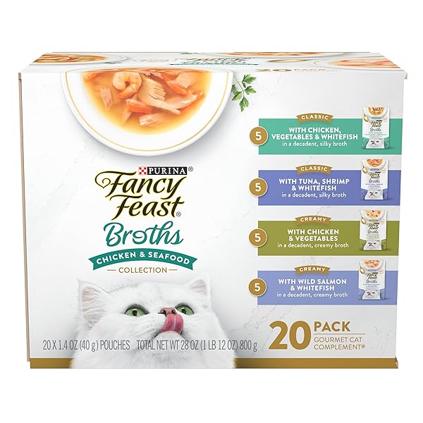 PURINA FANCY FEAST BROTH COMPLEMENT CHICKEN AND SEAFOOD LICKABLE GRAIN FREE WET CAT FOOD VARIETY PACK – (PACK OF 20) 1.4 OZ. POUCHES