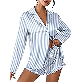 Ekouaer Womens Satin Pajama Sets Long Sleeve Top and Shorts Lounge Set Button Down Sleepwear