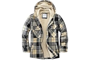 Veusna Men's Zip Up Flannel Shirt Jacket Fleece Lined Long Sleeve Plaid Coat Heavyweight Hoodie with Hood