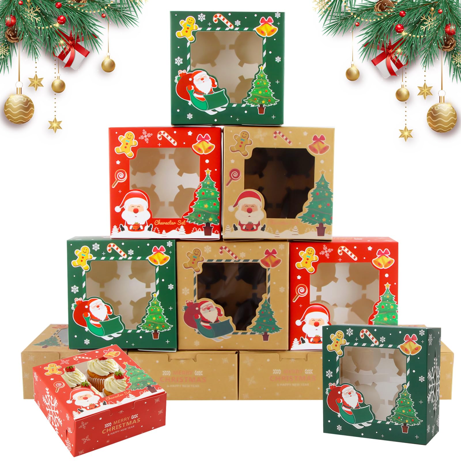 SilverChry 12 Pieces Christmas Cupcake Box, Cupcake Box, Biscuit Boxes, Cake Transport Boxes, Muffin Boxes, Transparent Window Cake Box, Cardboard Cake Boxes