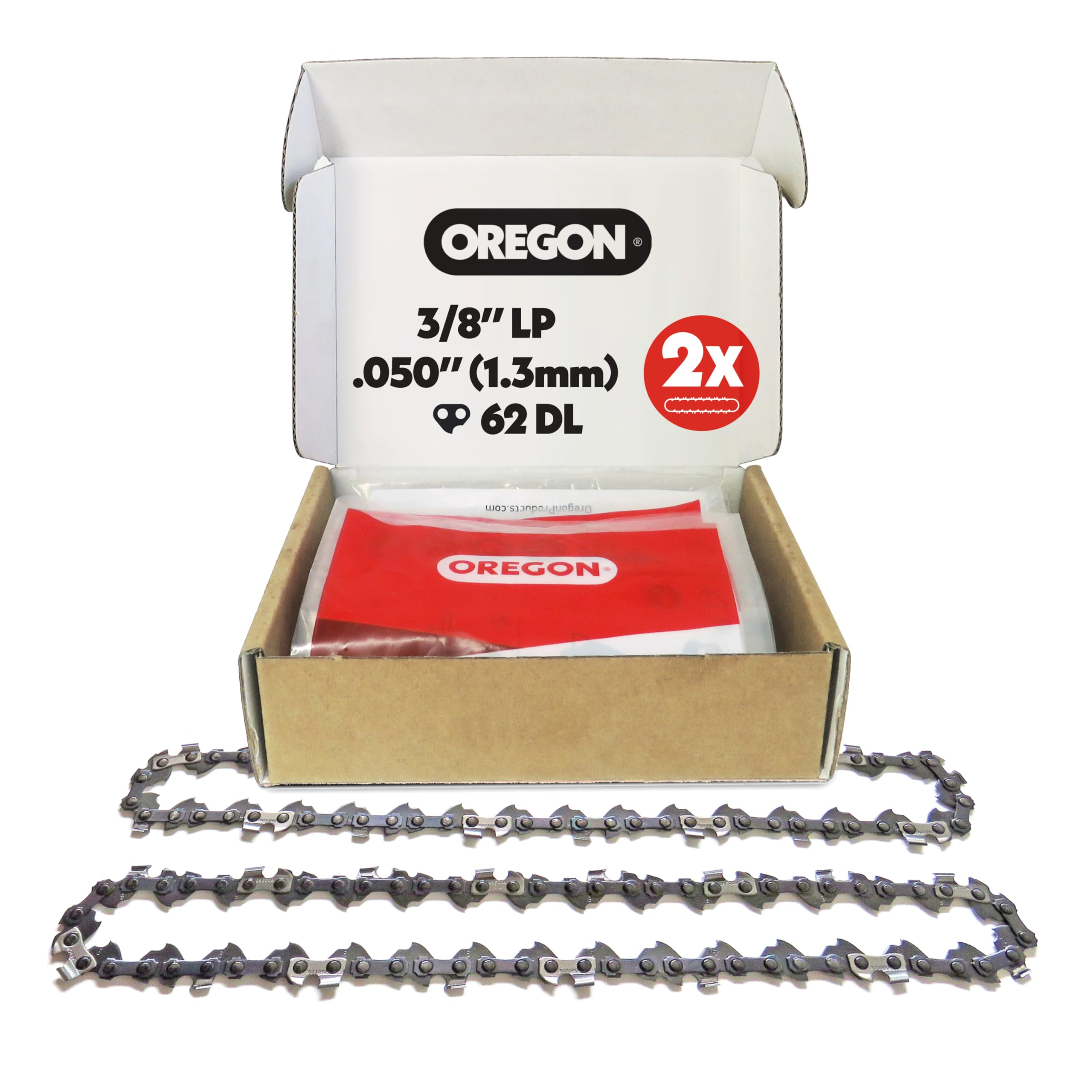 Oregon 2-Pack Chainsaw Chain 3/8" LP Pitch, .050" (1.3 mm) Gauge for 18" (45cm) Bar, 62 Drive Links – Low-kickback Replacement Saw Chain, Fits Husqvarna, Echo, Poulan, Homelite, Craftsman and more Image