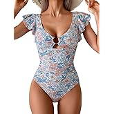Eomenie Womens Ruffled One Piece Swimsuit Slimming Tummy Control Bathing Suit V-Neck Cutout Swimwear for Resort Wear