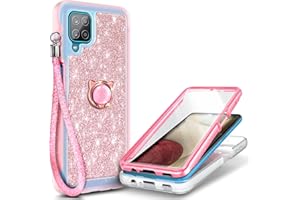 NGB Supremacy Designed for Samsung Galaxy A12 Case, Full Body Protection with [Built-in Screen Protector] Ring Holder/Wrist Strap, Shockproof Bumper Durable Cover Case (Glitter Rose Gold)