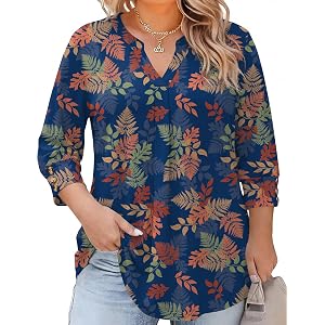 TFSDOD Womens Plus Size Tops 3/4 Length Sleeve Womens Tops V Neck Blouses Pleated Tunic Plus Size Fashion (1X-5X)