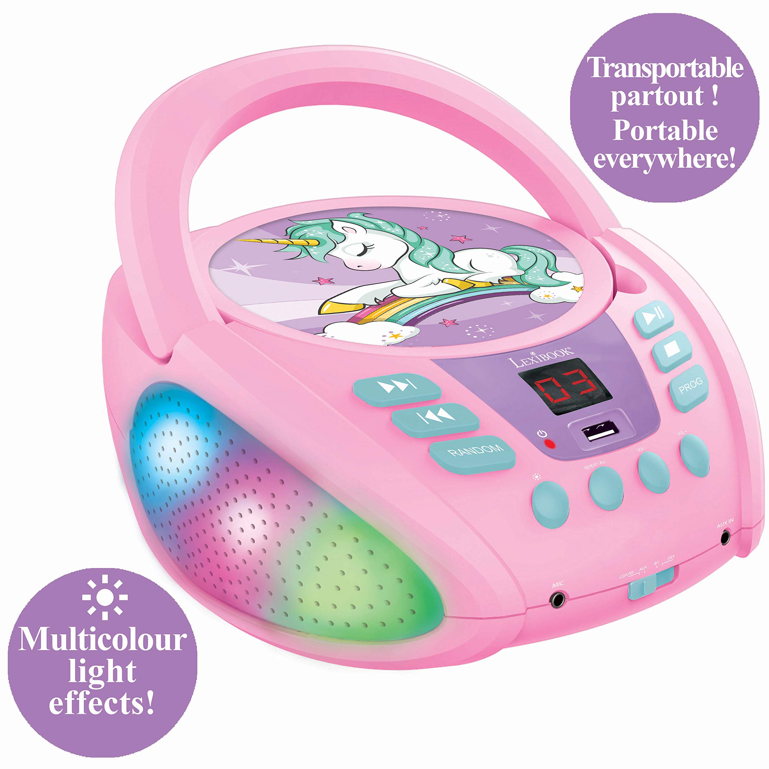 Lexibook Unicorn - Bluetooth CD Player for Kids – Portable, Multicoloured Light Effects, Microphone Jack, Aux-in Jack, AC or Battery-Operated, Girls, Boys, Pink, RCD109UNI