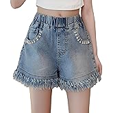 SHUIZHILAN Elastic Waist Girl's Denim Shorts Frayed Casual Summer Shorts