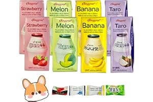 MASHI BOX Binggrae Korean Milk Variety Pack - Taro Milk, Banana Milk, Strawberry Milk and Melon Milk Flavor - 8 Count Variety Pack | Korean Milk Drink, Different Types of Korean Milk Drinks