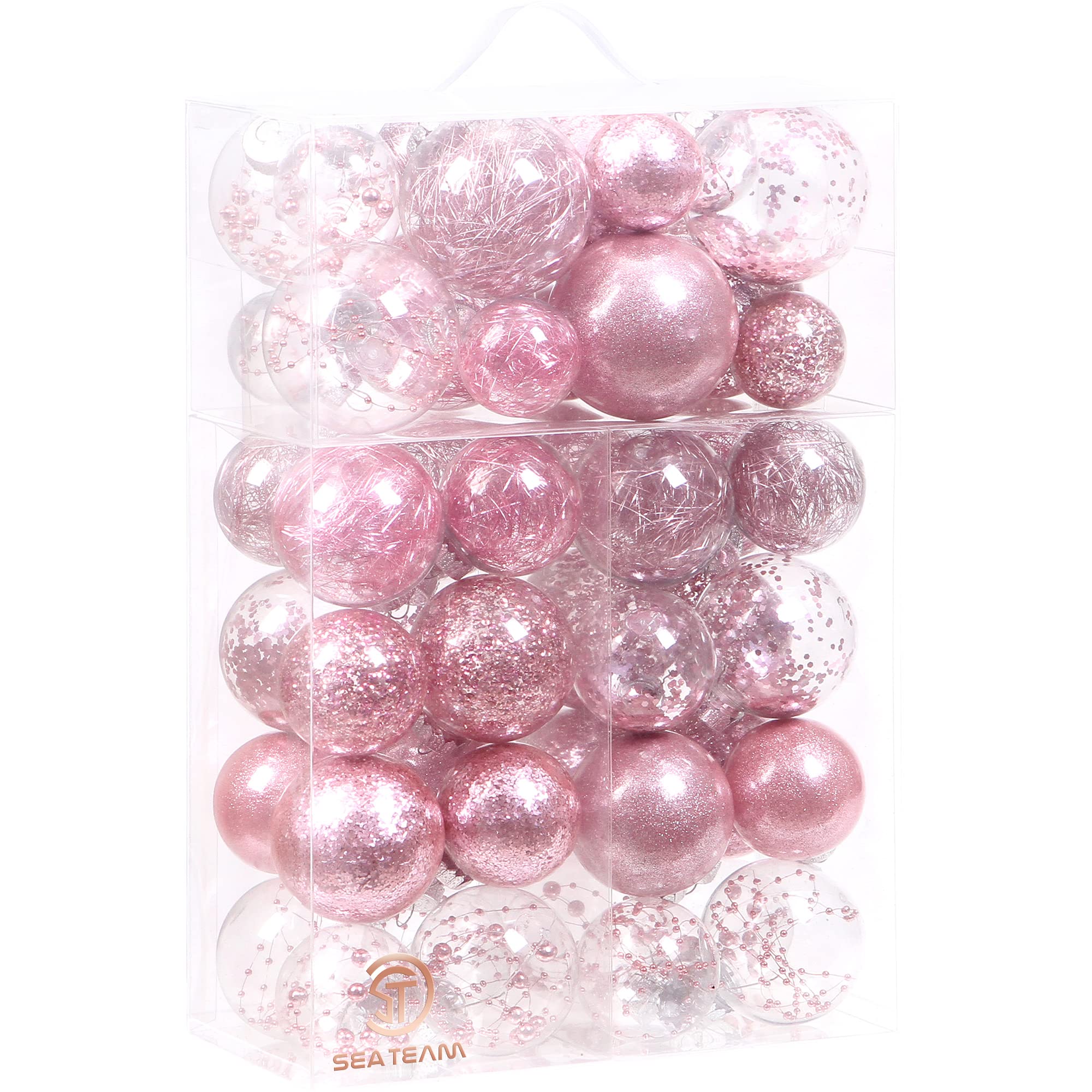 Sea Team Christmas Baubles Set of 48 Shatterproof Clear Plastic Christmas Baubles Multi-Size Decorative Baubles with Stuffed Delicate Decorations (48 Pieces, Pink) Image