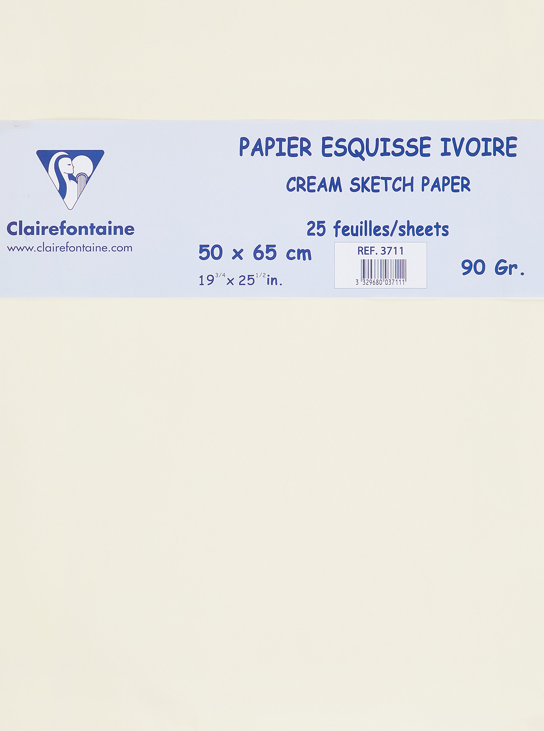 Clairefontaine - Ref 3711C - Ivory Drawing & Sketching Paper (Pack of 25 Sheets) - 50 x 65cm in Size, 90gsm White Drawing Paper, Acid Free & pH Neutral