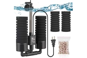 AQQA Aquarium Electric Power Sponge Filter,3W/5W Silence Submersible Foam Filter,Sponges Bio Ceramic Media Balls Double Filter for Saltwater Freshwater Fish Tank (M)