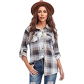 Oyamiki Womens Casual Cuffed Long Sleeve Boyfriend Button Down Plaid Flannel Shirt Tops