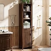 VINGLI 68" Tall Narrow Bathroom Storage Cabinet, Slim Freestanding Floor Cabinet with Fluted Door & Drawer, 12 Inch Deep Skin