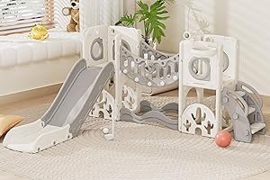 67I Toddler Playground Playset with Climbing Arch, Golf Set, Slide & Basketball Hoop - Outdoor Toys, Safe & Durable Plastic Garden Equipment​ (White Gray, Without Swing)