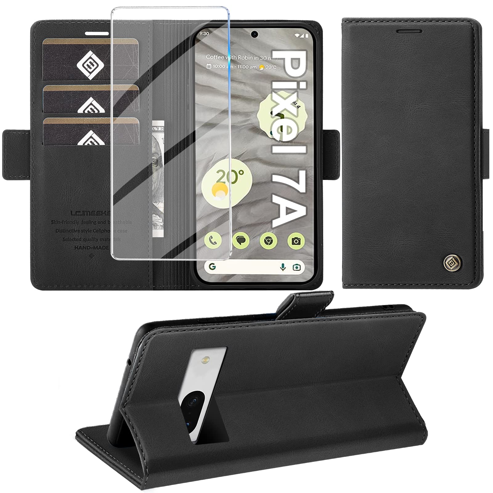 Giyer For Google Pixel 7A Case with Screen Protector, Mobile Phone Case Premium Leather Wallet Flip Case Stand Function Card Slot Protective Leather Flip Case Cover (Black)