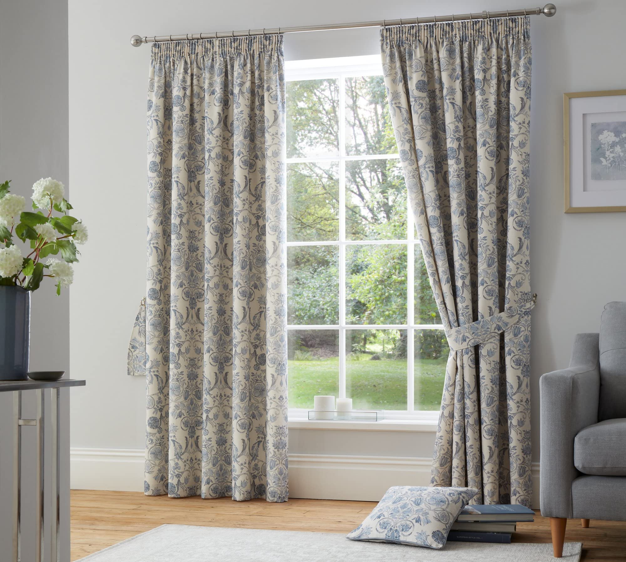 Dreams & Drapes - Blue Damask Curtains W66 x L54" (168 x 137cm) - 2x Panels - 100% Cotton - 2x Curtains Tie Backs - Vintage Baroque Curtains & Drapes - Delft/Willowware Curtains in Blue China
