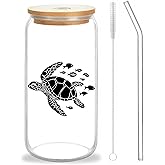BJDAMAI Cute Turtle Glass Cup With Lids And Straws, Turtle Gift For Women, IIced, Coffee, Smoothie, Cocktail, Beer, Whiskey, Soda, Matcha,16 Oz, Home Office Table Desk Decoration!