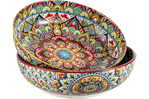 Henten Home Porcelain Pasta Bowls Set of 2, Ceramic 50 oz Soup Bowl, Colorful Large Salad Bowls, Bohemia Style Serving Bowls 