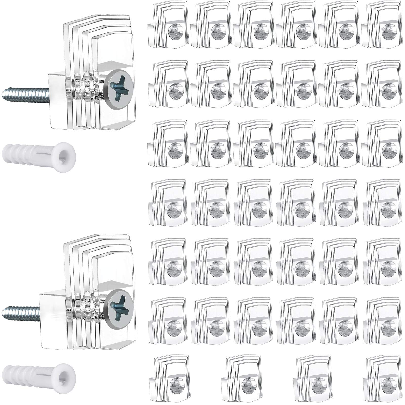 40 Pieces Clear Plastic Mirror Holder Clips, 1/8 Inch and 1/4 Inch Mirror Mounting Clip Mirror Hanging Kit with Screw and for Wall