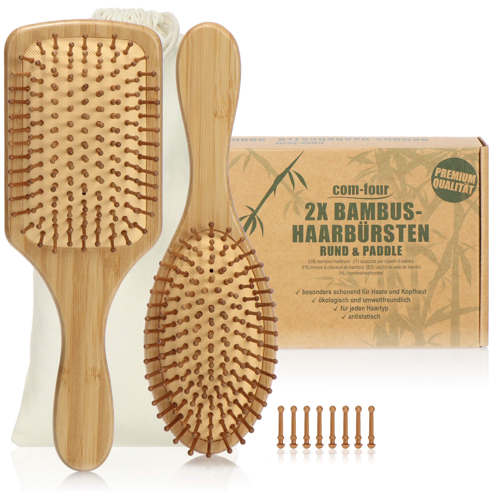 COM-FOUR® set of 2 natural hair brush made of bamboo - paddle brush with natural bristles - for men, women, children - 100% vegan (2 pieces - all-purpose brush + paddle brush)
