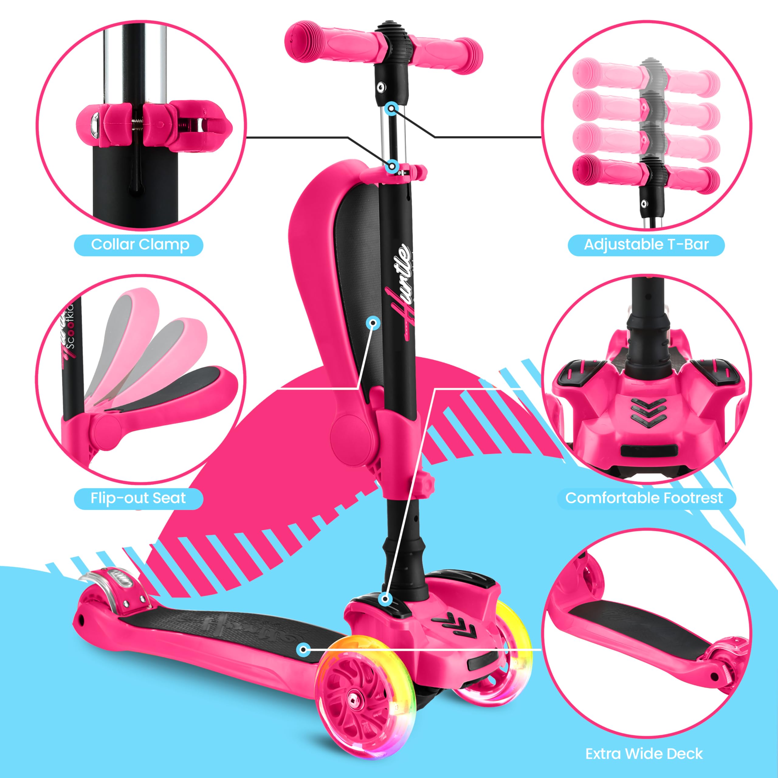 Hurtle 3-Wheeled Scooter for Kids - Wheel LED Lights, Adjustable Lean-to-Steer Handlebar, and Foldable Seat - Sit or Stand Ride with Brake for Boys and Girls Ages 1-14 Years Old
