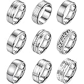 LOAYHOAY 9Pcs 8MM Stainless Steel Band Rings for Men Women Chain Rings Simple Brushed Wedding Engagement Rings Set 7-13