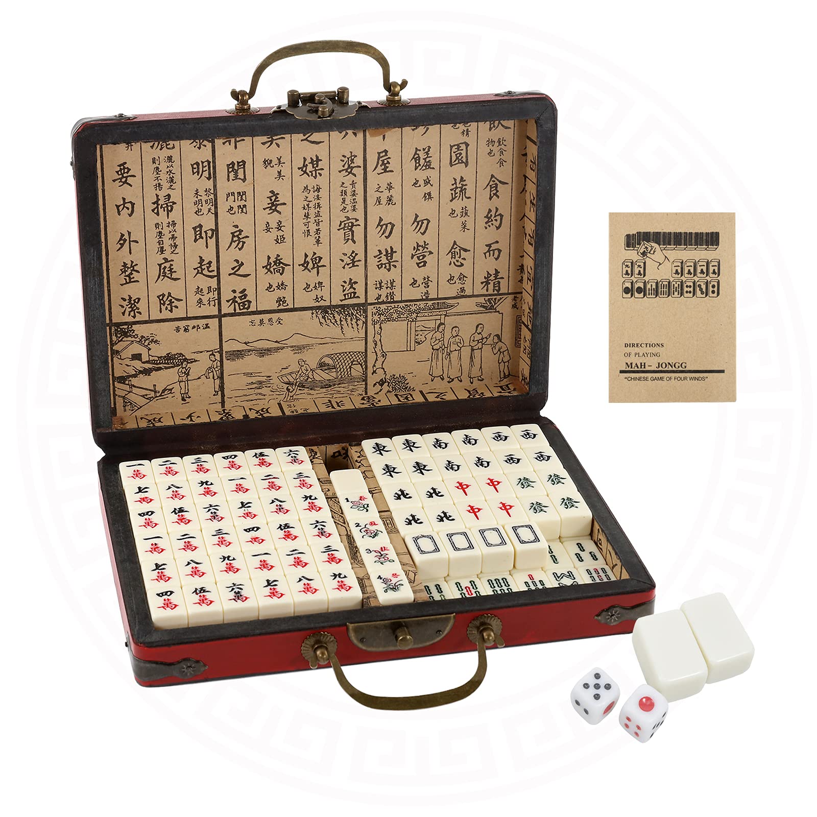 Dyna-Living Mini Chinese Mahjong Set, Solid Structure Easy To Read Mah Jongg Game, 144PCS Mahjong Tiles, 2PCS Dice & Leather Carrying Case Box, Complete Majong Game Set for Travel, Party, Family