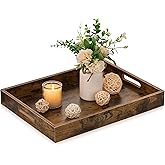 Hanobe Brown Decorative Serving Trays: Rustic Brown Rectangle Tray Decor with Cutout Handles for Coffee Table Ottoman Living Room Kitchen Home Decor