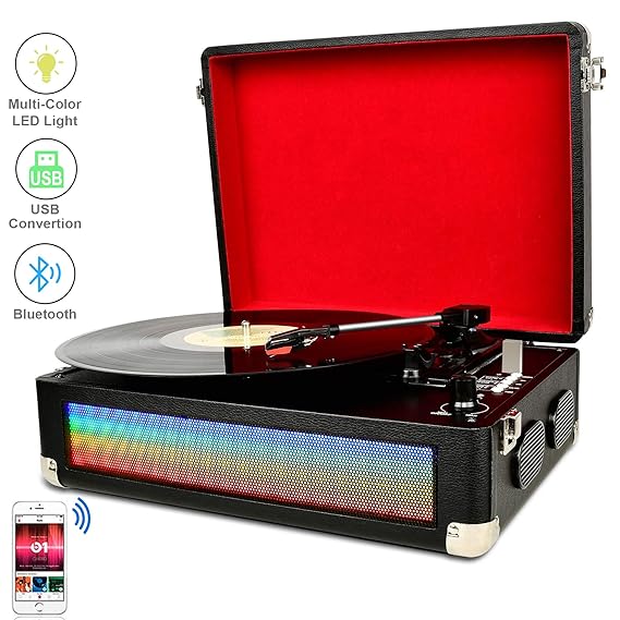 DIGITNOW! Bluetooth Multi-Color-LED Plattenspieler Schallplattenspieler für Vinly mit Stereo-Lautsprecher, Riemenantrieb 3-Ga